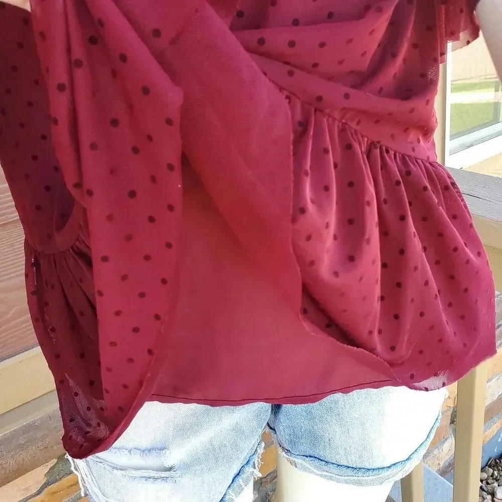 Pleione Sheer Short Sleeve Swiss Dot Blouse - Red - Women's Size Small NWOT